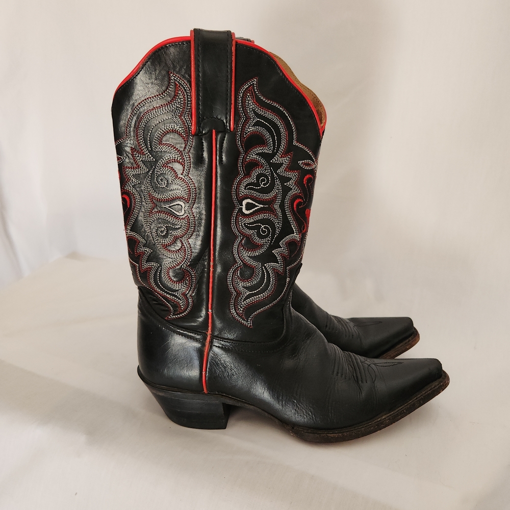 Tony Lama Black and Red Western Heeled Cowboy Boots